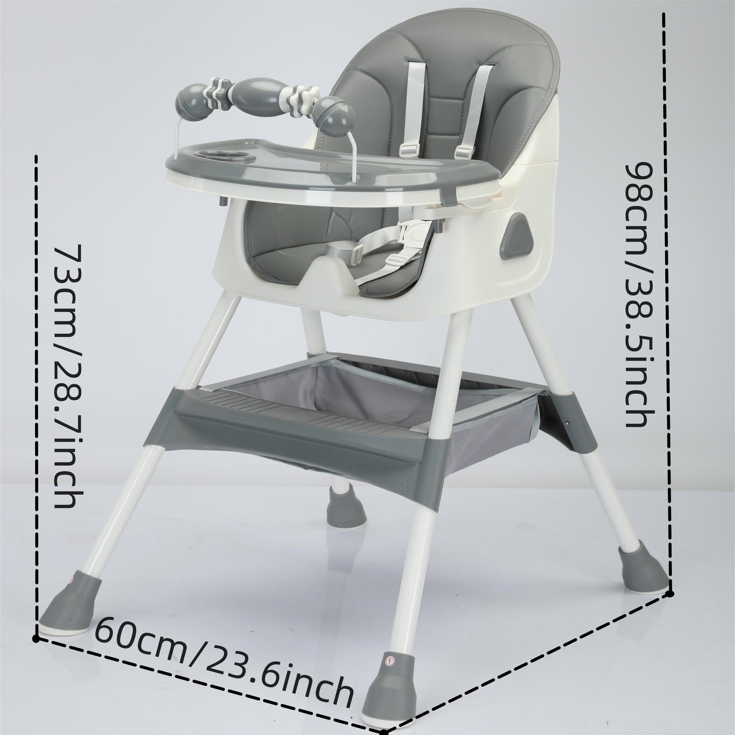 The Modern Portable Children's High Chair is a versatile and adjustable eating and playing chair with a table attachment for toddlers. It is designed to provide a high seat for infants and babies during mealtime, complete with a food plate. It makes a