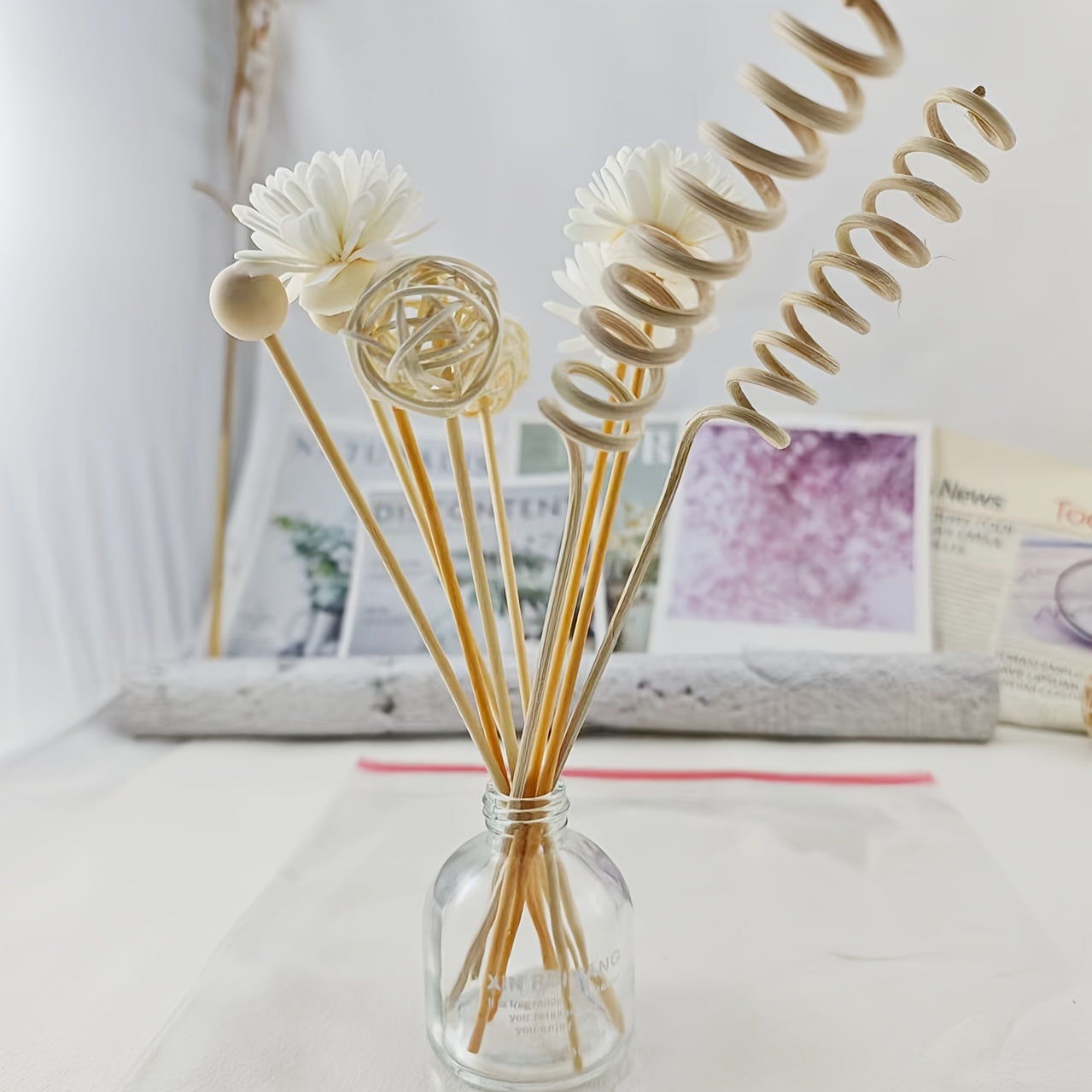 Decorative Reed Diffuser Set for Home or Office, Enhances Room Fragrance with Aromatherapy Oil Sticks and Log Material Flowers