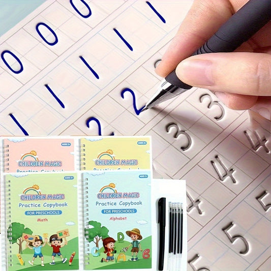 Kids Educational Writing Practice Set includes spiral bound copybook with pen for preschoolers to learn alphabet, numbers, and addition for early literacy and math skills development.