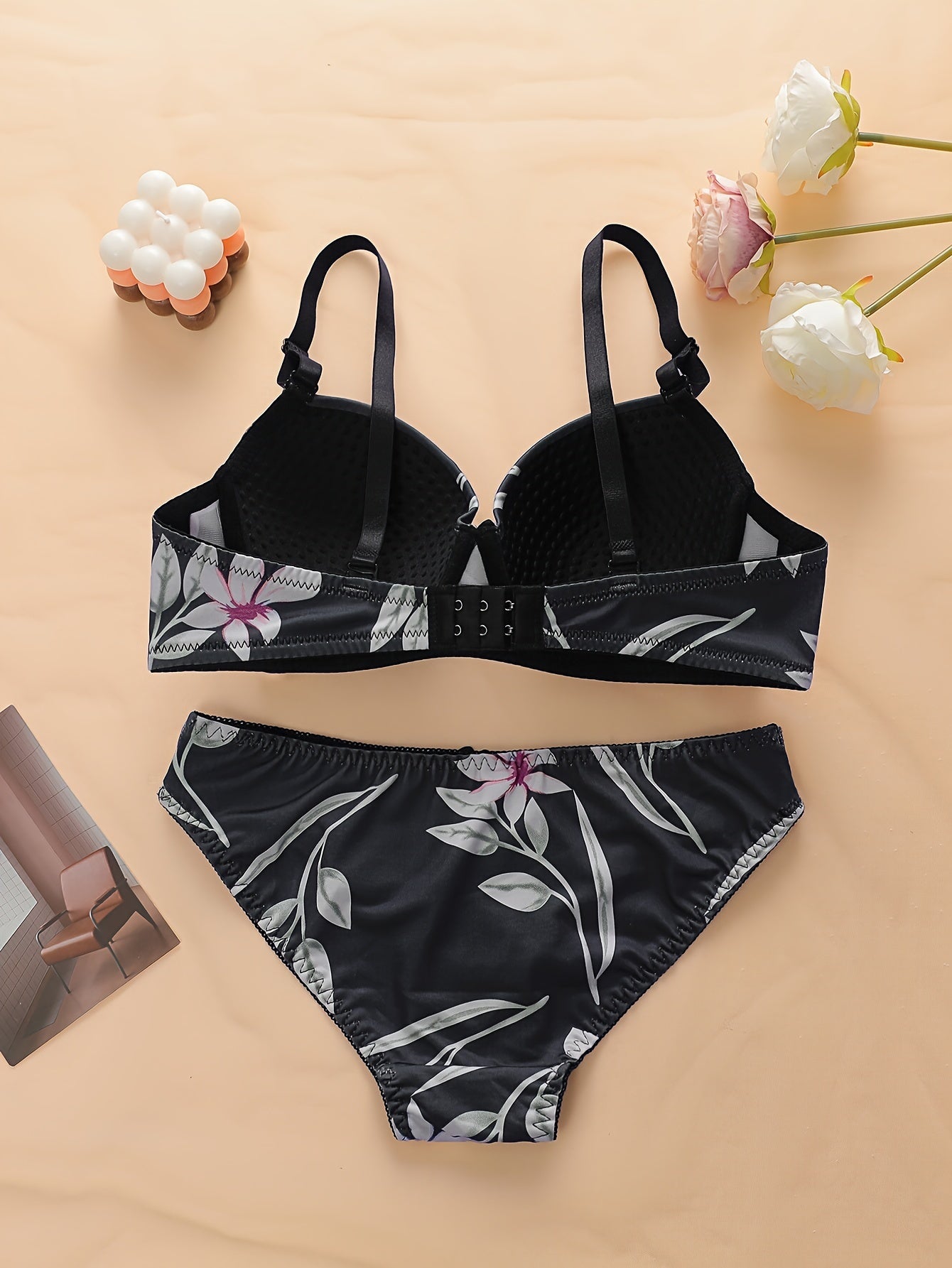 Floral print lingerie set with color block plunge push up cami bra and panties for women.