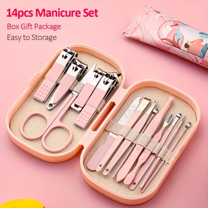 A 14-piece stainless steel manicure and pedicure set with modern concave edge nail clippers and grooming tools, including a portable storage box. A unisex odorless nail care kit.