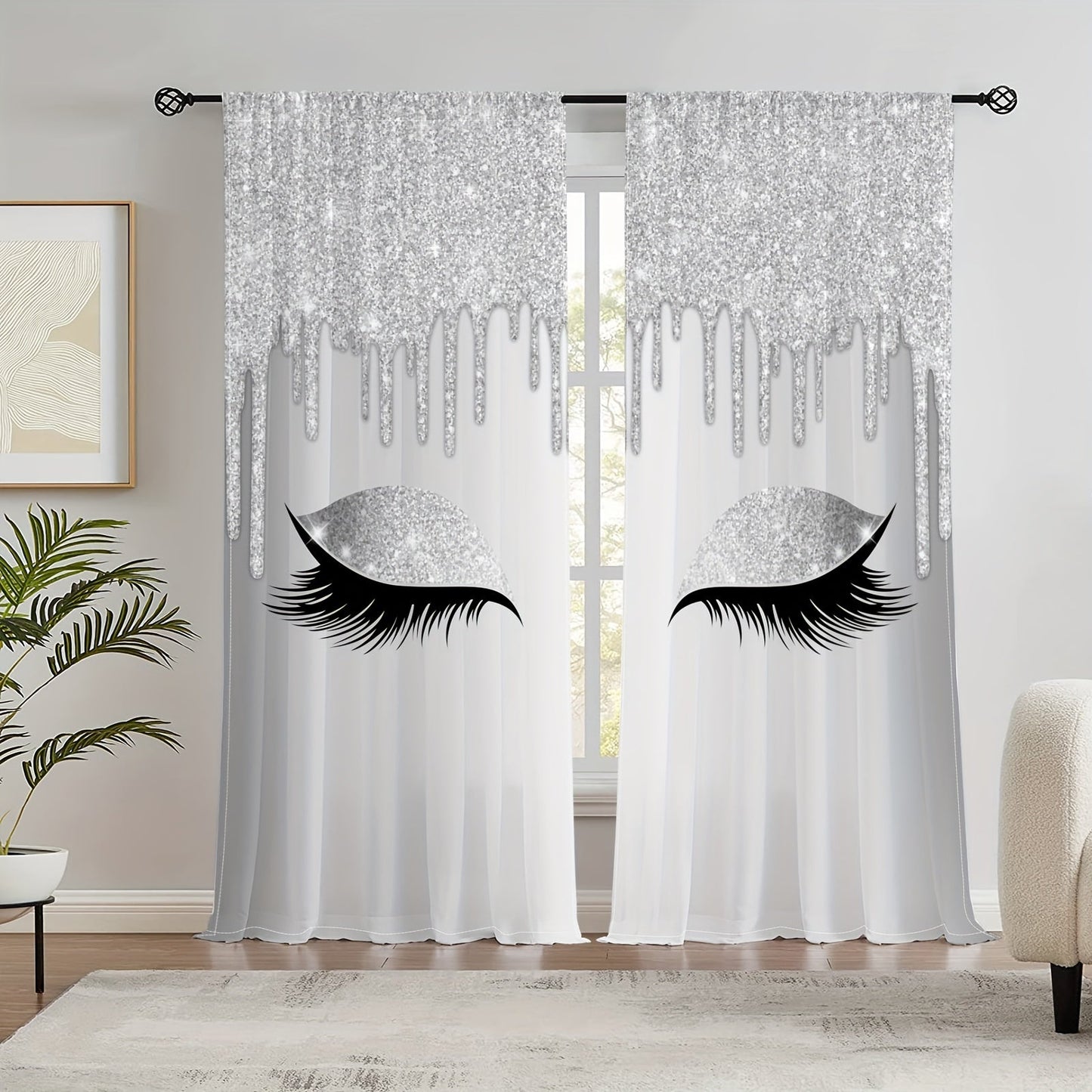 Set of two Eyelash Printed Curtains, Rod Pocket Window Treatments ideal for Bedroom, Office, Kitchen, Living Room, Study, and Home Decor. Enhance your room with stylish and aesthetic decorative curtains.