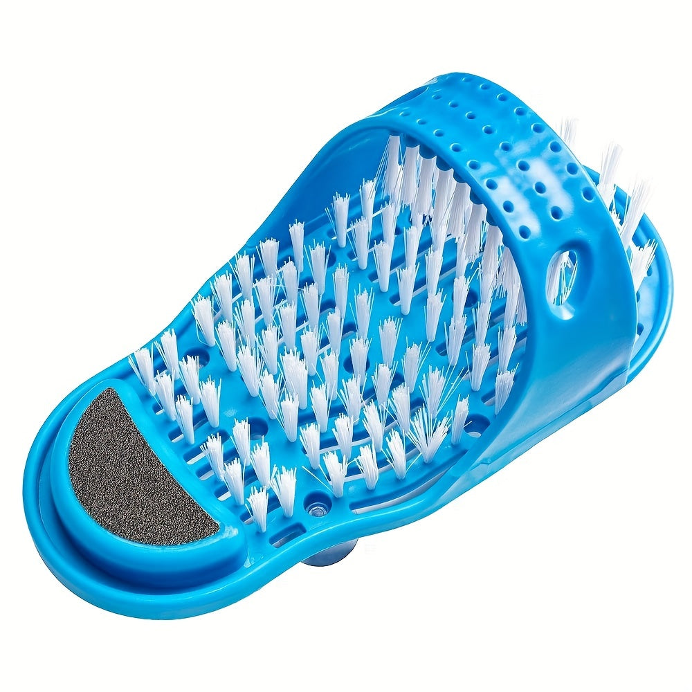 Foot washing brush with suction cup, removes dead skin and massages foot.