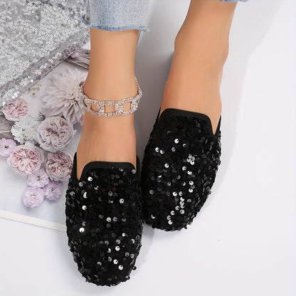 Sequined flat shoes for women with round toe, slip-on design, and lightweight comfort