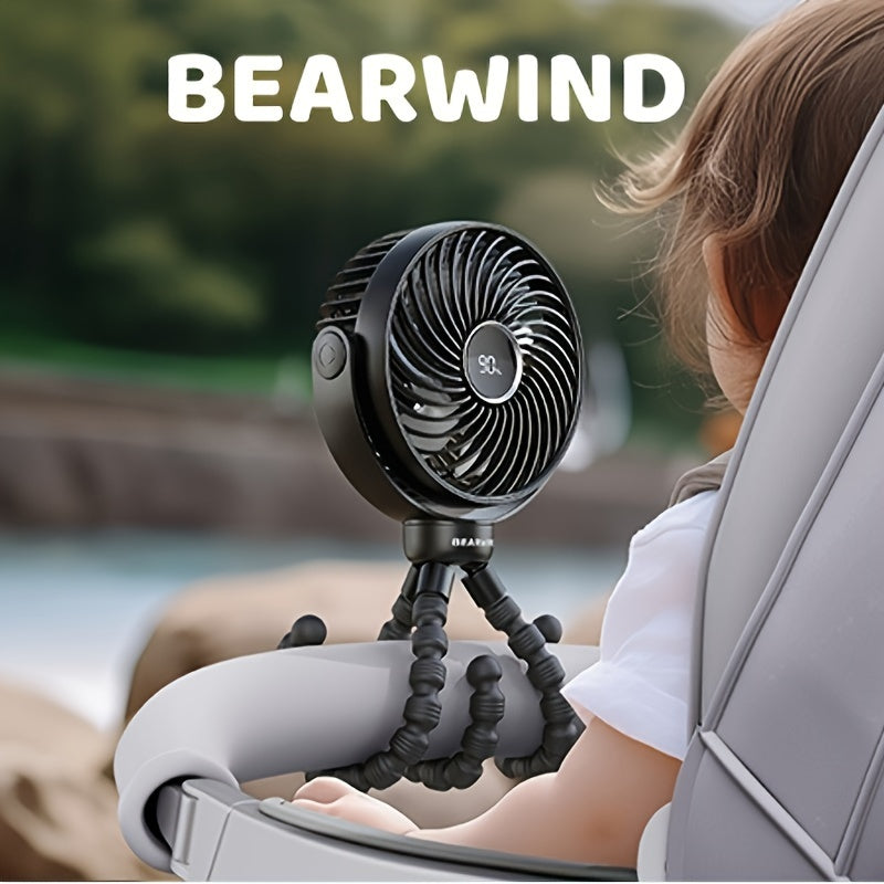 Travel stroller fan suitable for on-the-go use, featuring a LED night light. This fan is rechargeable with a 2200mAh battery, and is designed to be handheld and cordless. It also comes with a tripod stand and can easily clip onto car seats and trolleys.