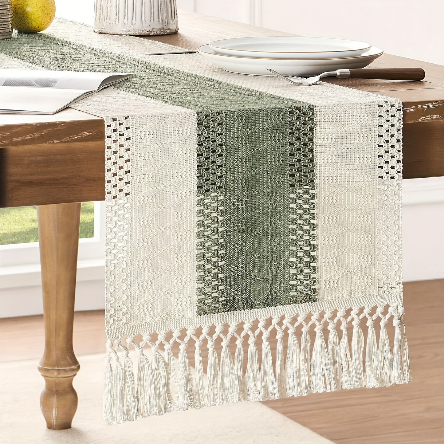 Bohemian sage green striped table runner, perfect for home décor and holiday celebrations.