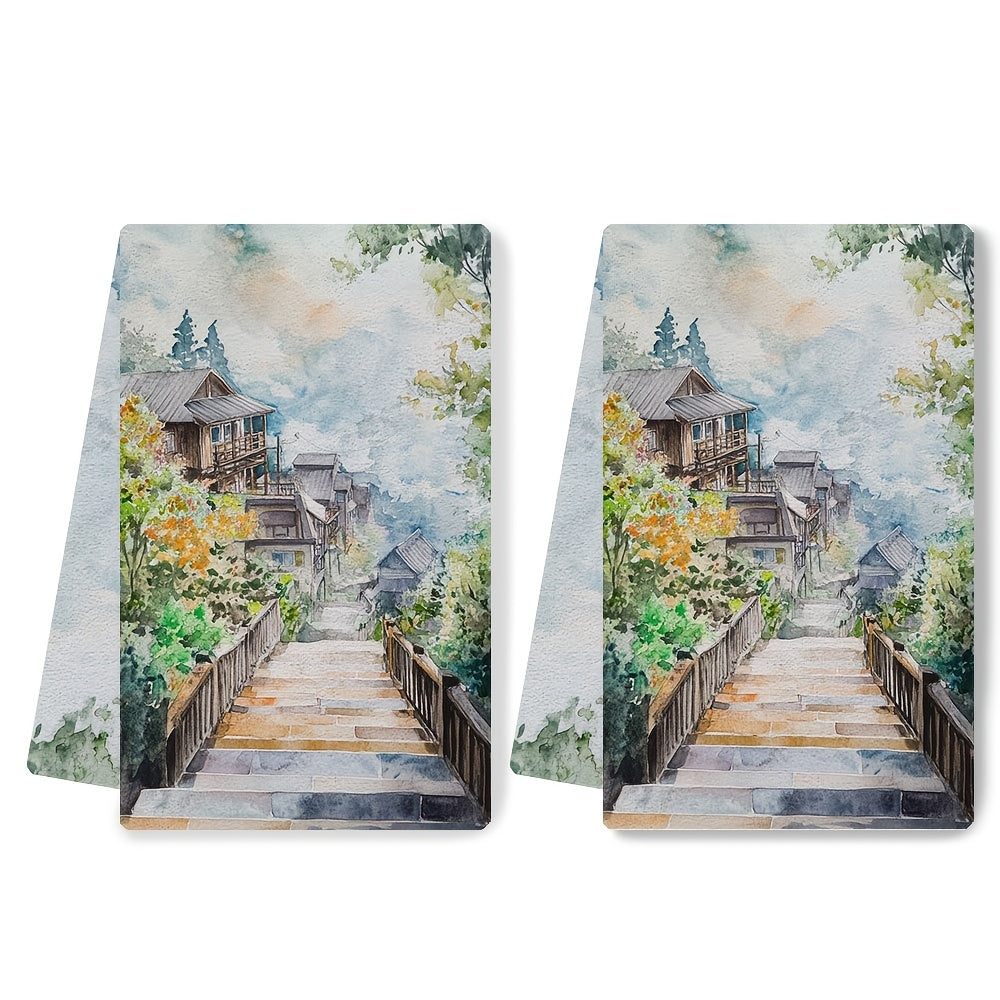 Set of 2 Ultra Soft Kitchen Towels featuring Pallet Town Scenic Design, Exceptionally Absorbent & Easy to Clean Dish Hand Towels, Size 40.64x60.96 cm - Perfect for Holiday Decoration & Daily Use in the Kitchen, Dish Towels