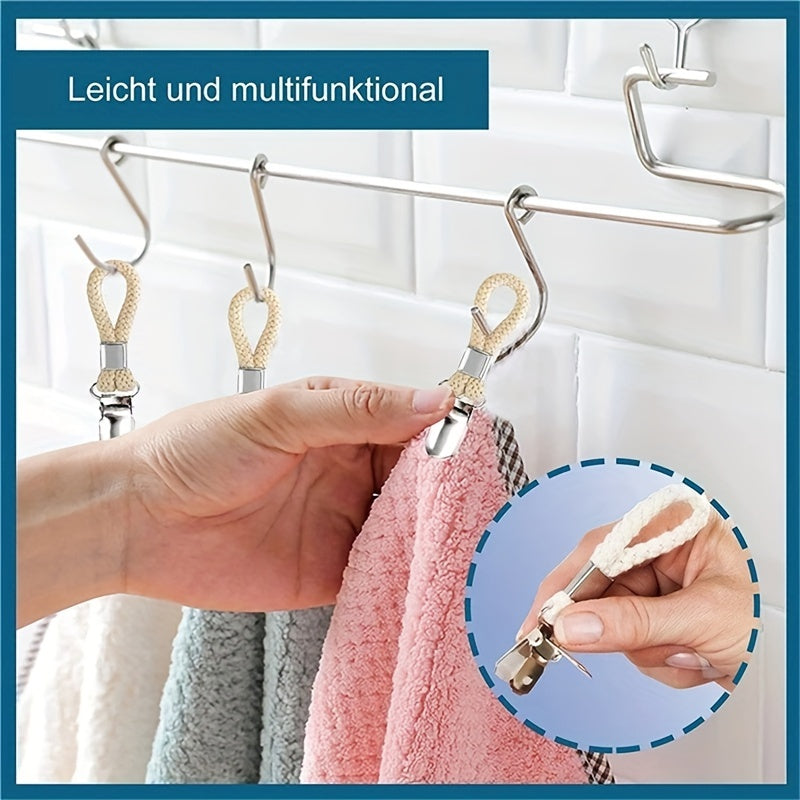 Set of two or four braided cotton loop towel clips with metal clamps for home and kitchen use.