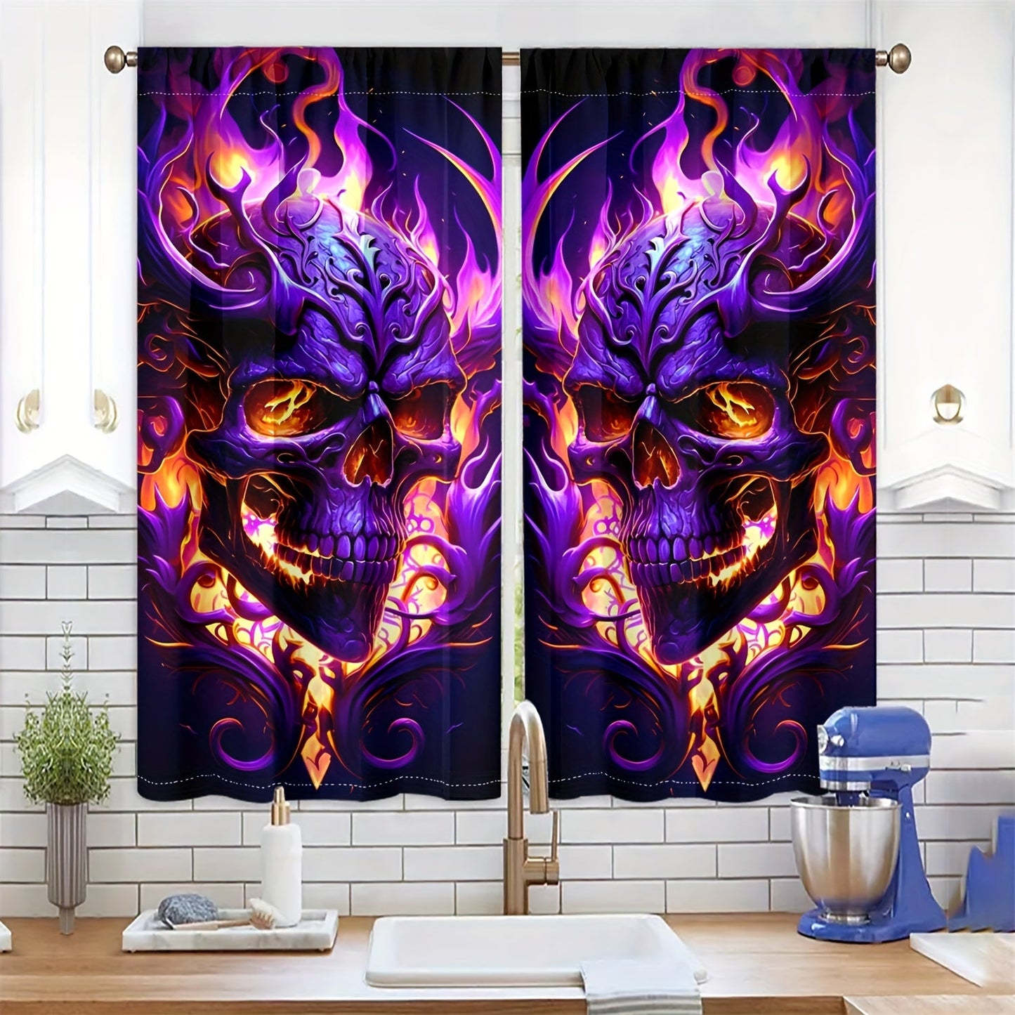 Semi-Transparent Halloween Skull & Butterfly Chrysanthemum Curtains - Set of 2, Privacy-Protecting Drapes for Living Room and Bedroom Decoration