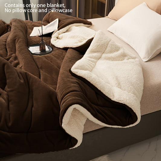 1 piece Simple Coffee Blanket with Double Layer Milk Fleece and Lamb Fleece, featuring a Pressing Line design. This Casual Throw Blanket is perfect for staying cozy and comfortable during naps.