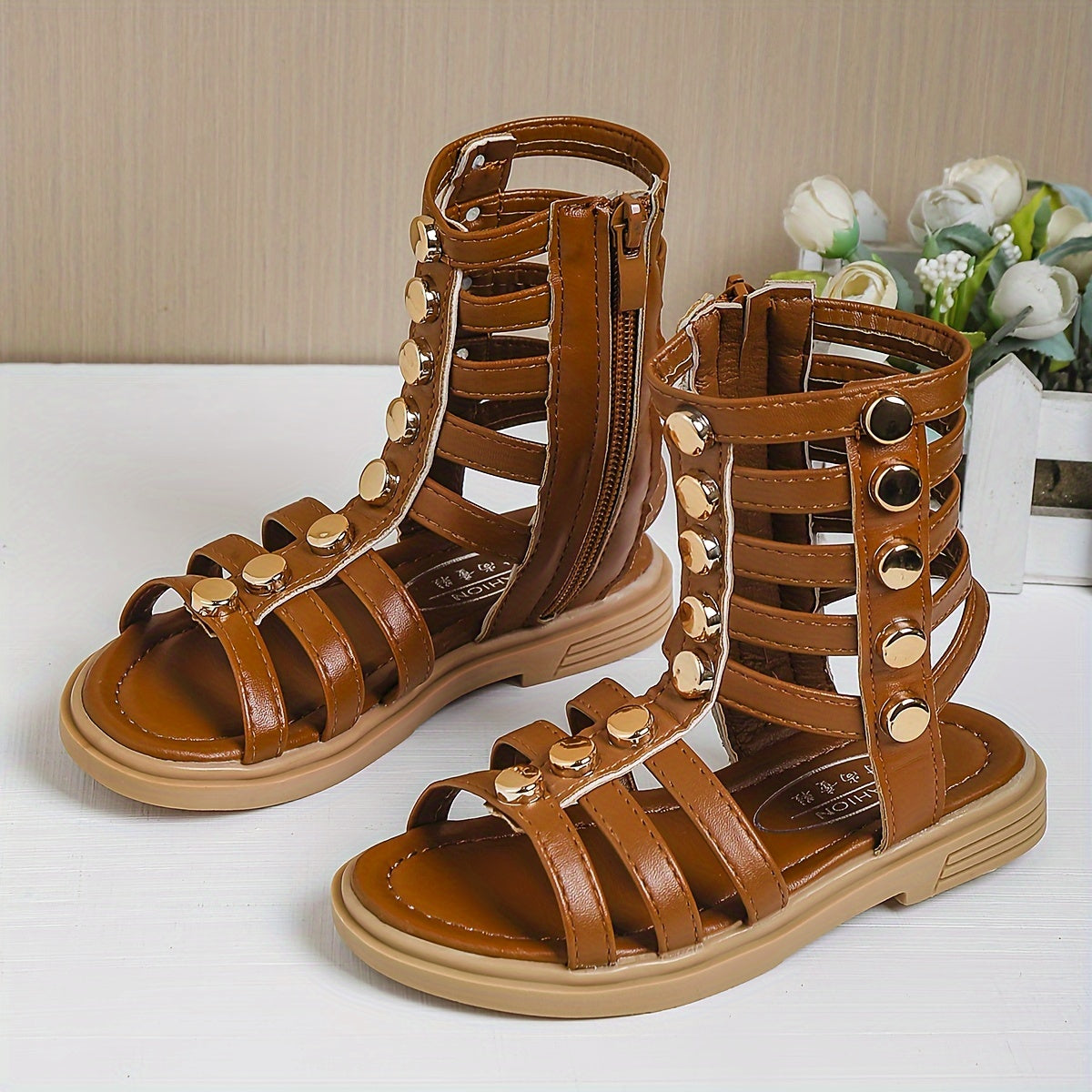 1 Pair of Fashion Rivet Buckle Sandals with Geometric Pattern, Back Zipper, Synthetic Faux Leather Upper and Rubber Sole for Spring/Summer Wear.