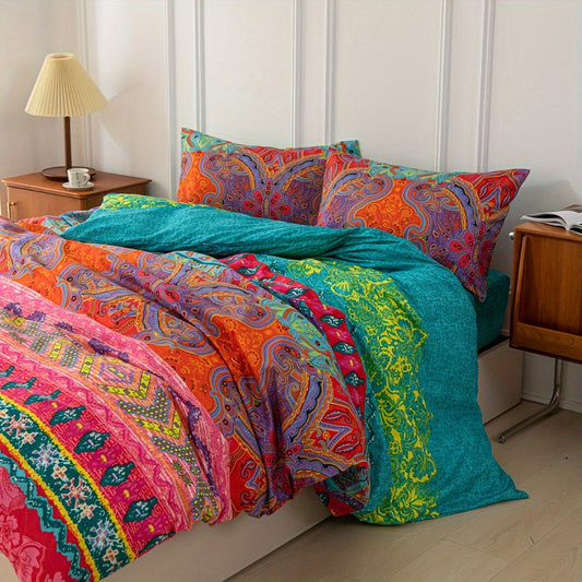 Bohemian Full Color Down Quilt Cover Set - Luxuriously Soft and Cozy 3-Piece Bedding Set for Bedroom and Guest Room - Includes 1 Quilt Cover + 2 Pillowcases (Inner Core Not Included) - Perfect for Winter or as a Christmas Gift.