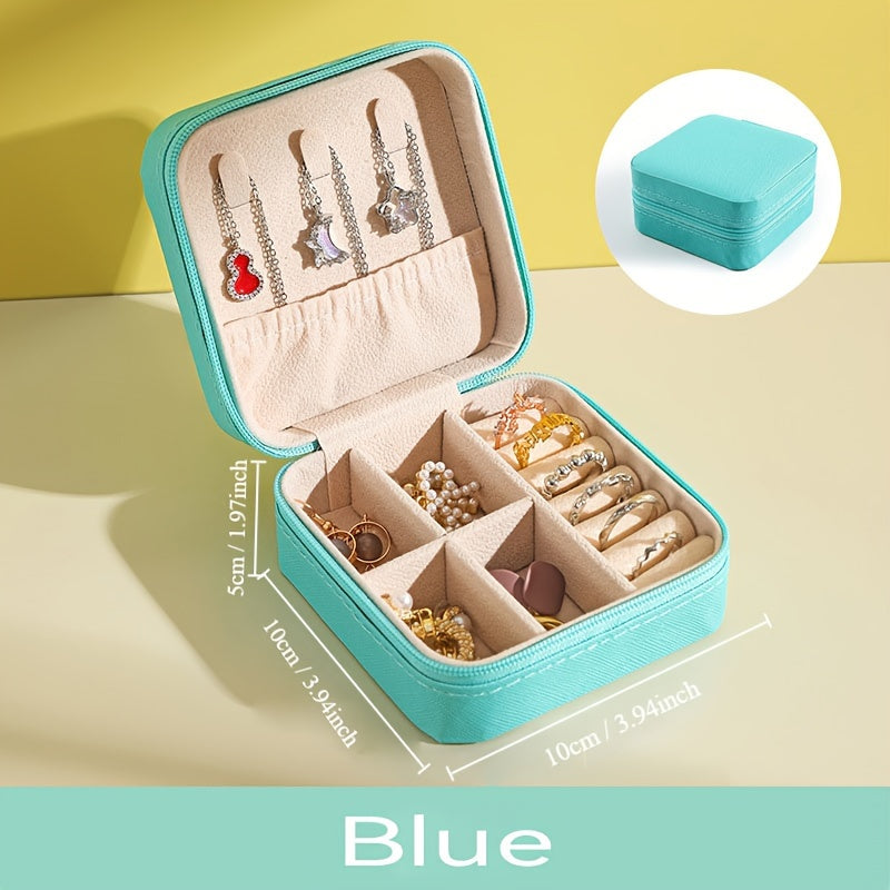 Compact faux leather jewelry organizer box for rings, necklaces, earrings & more. Portable travel case with multi-purpose storage solution. Rectangle shape for organizing.