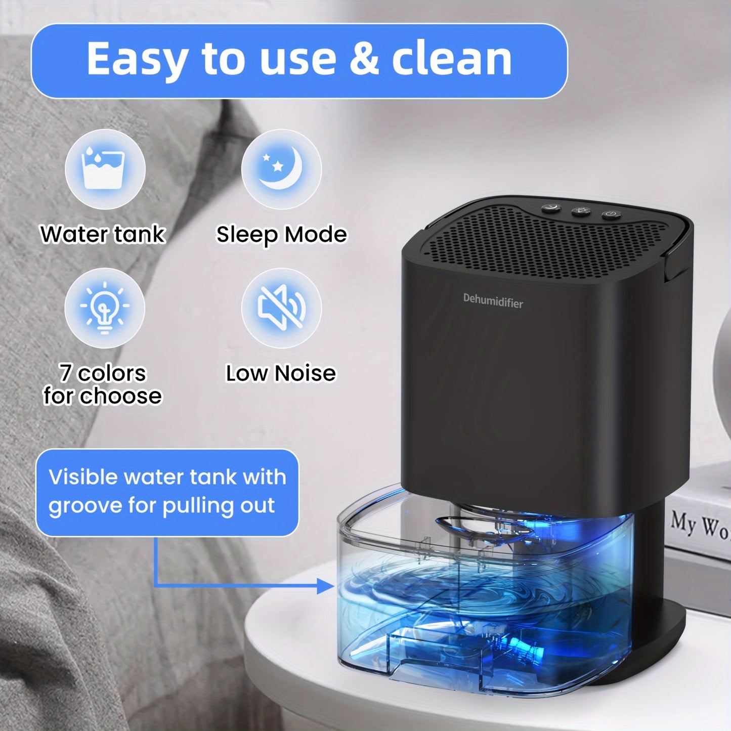 Compact 35oz Home Dehumidifier with Quiet Operation, 7-Color LED Lights, Visible Water Tank, Ideal for Various Rooms.