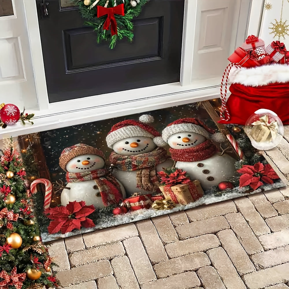 Get into the holiday spirit with our Festive Snowman Welcome Doormat! Made with non-slip, washable polyester, this Christmas floor mat features a vibrant snowmen and poinsettia design that is ideal for doorways, living rooms, bathrooms, and balconies.