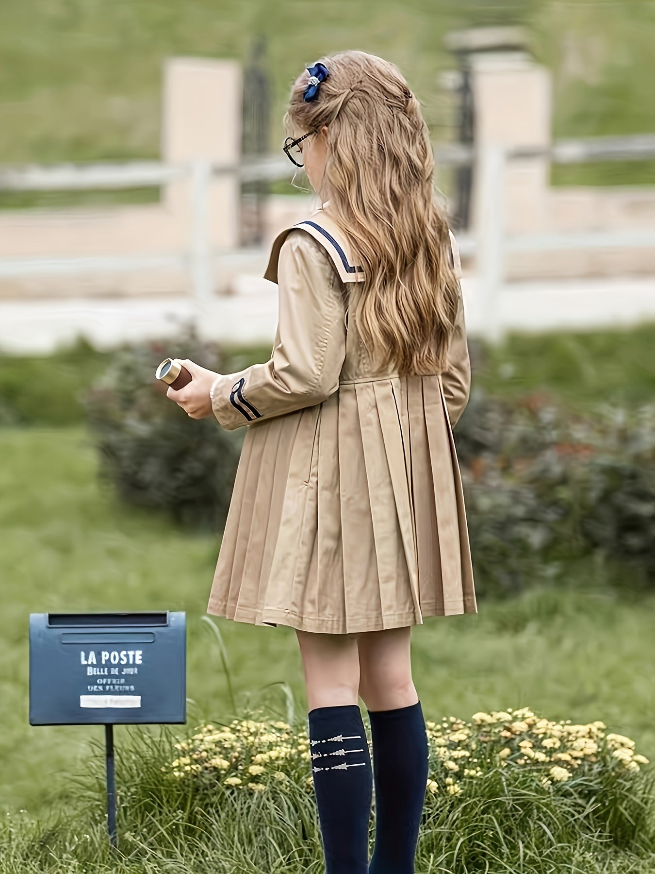 Girls' lightweight British-inspired school uniform trench coat and pleated skirt set. Windproof polyester material with front buttons. Ideal for spring and autumn. Available in sizes 4-12.