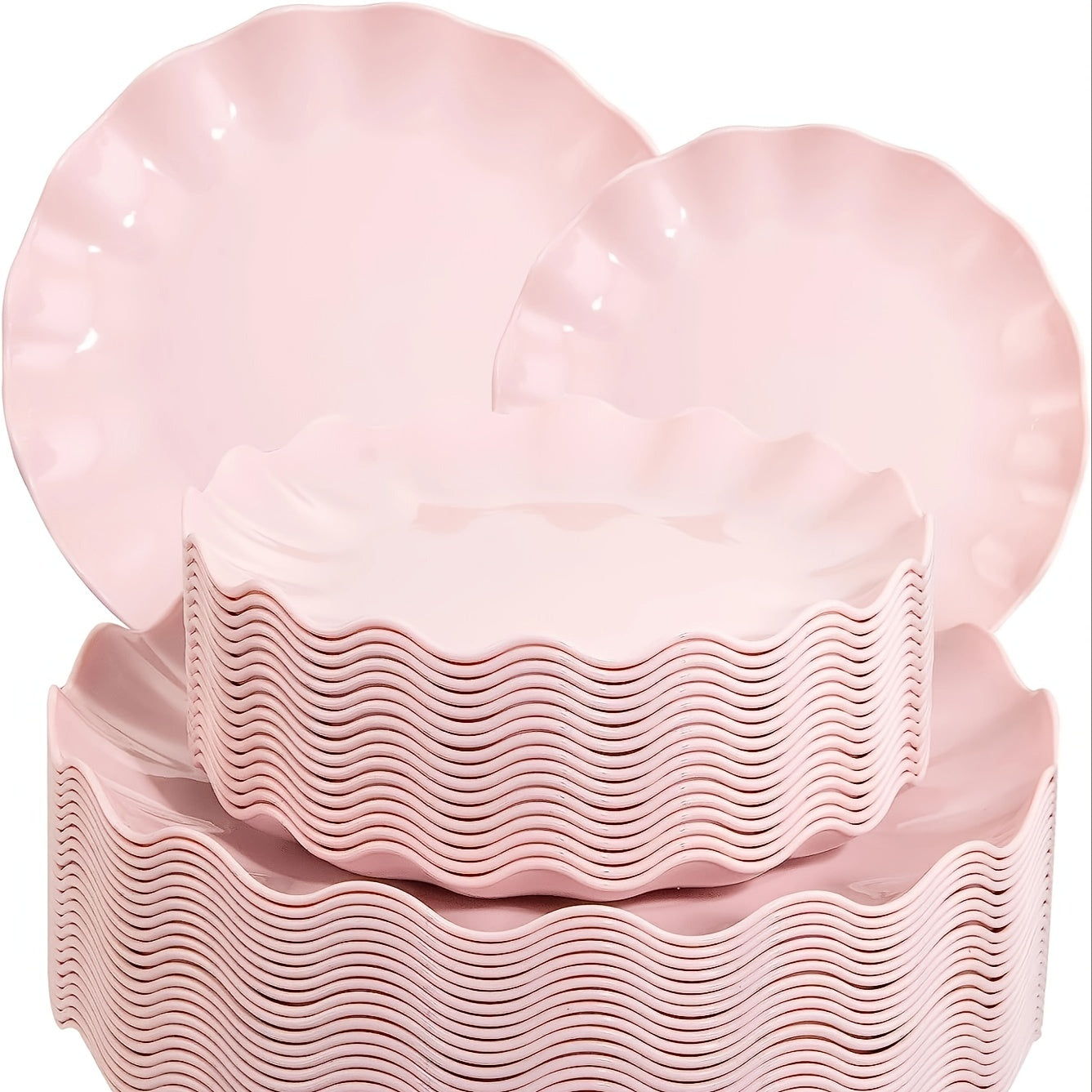 Reusable pink plastic plates, set of 24, durable, microwave and dishwasher safe for parties and weddings.