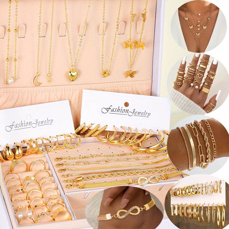 Set of 57 pieces of fashionable metal-style jewelry for women, including necklaces, earrings, bracelets, rings, and anklets. Features wide surface glossy earrings, ring set in a box, twist chain lock bracelet, and daily casual jewelry gift for women