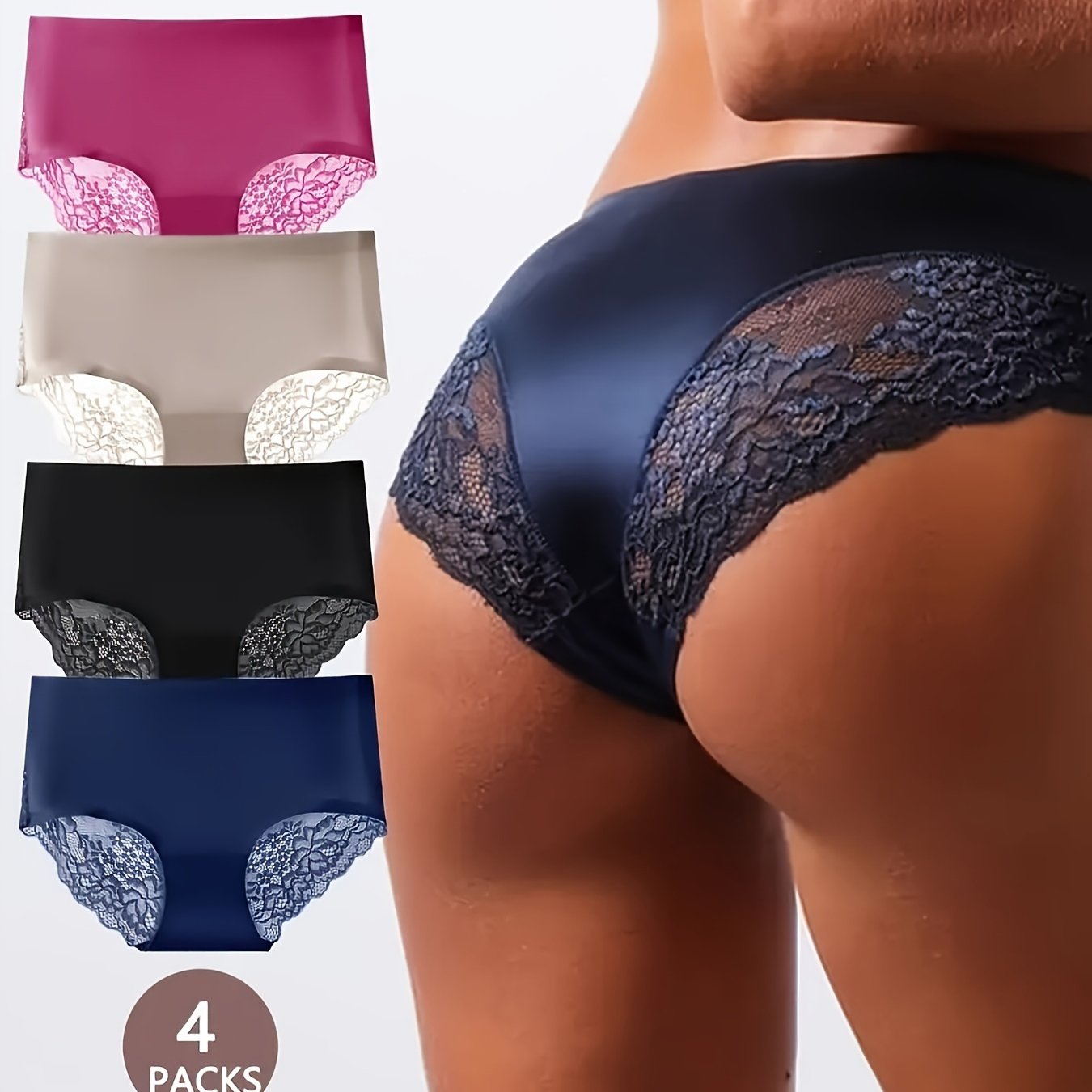 4 Elegant Lace Trim Briefs for Women - Seamless, Breathable Mid-Rise Panties in Solid Colors