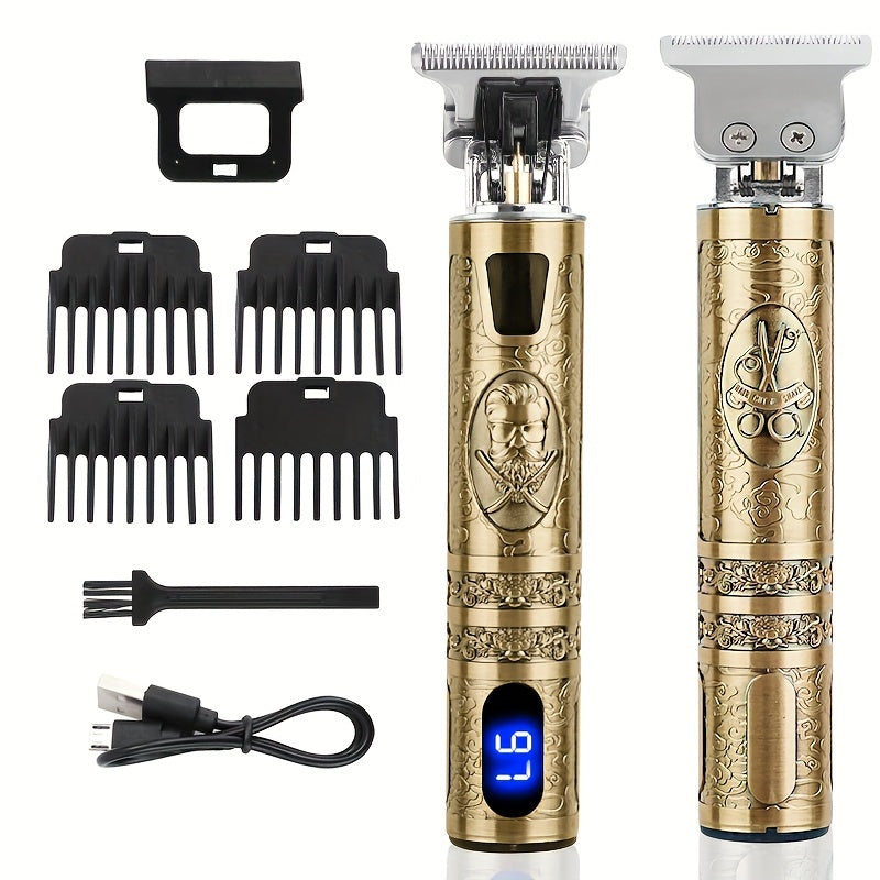 YAIAWISU Men's Cordless Hair Clippers & Beard Trimmer Kit - Golden, USB Rechargeable with LCD Display, T-Blade, Guide Combs & Accessories, 600mAh Battery.