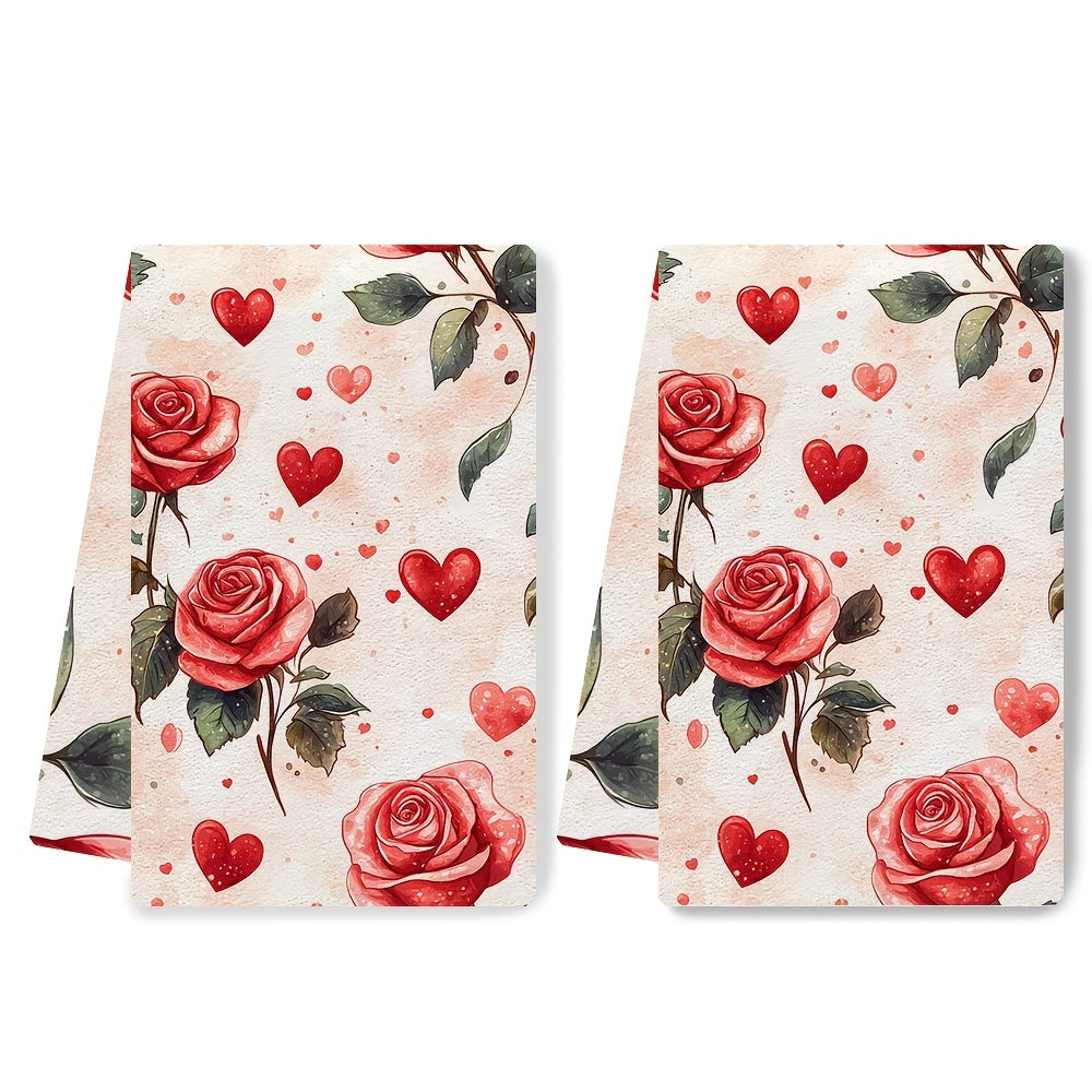 This set includes 2 ultra-soft kitchen towels with a delicate design of roses and hearts, perfect for Valentine's Day. These highly absorbent dish towels are ideal for holiday decoration, machine washable, and measure 40.64x60.96 cm.