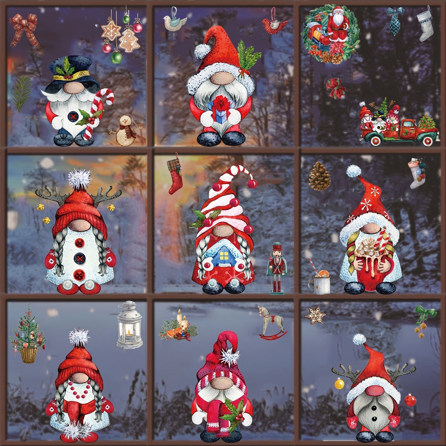 Set of 9 Christmas Gnome Window Clings - Decorate Your Home or Office with Festive Glass Decals for the Holidays, Simple Stick & Peel Application, Perfect for Christmas