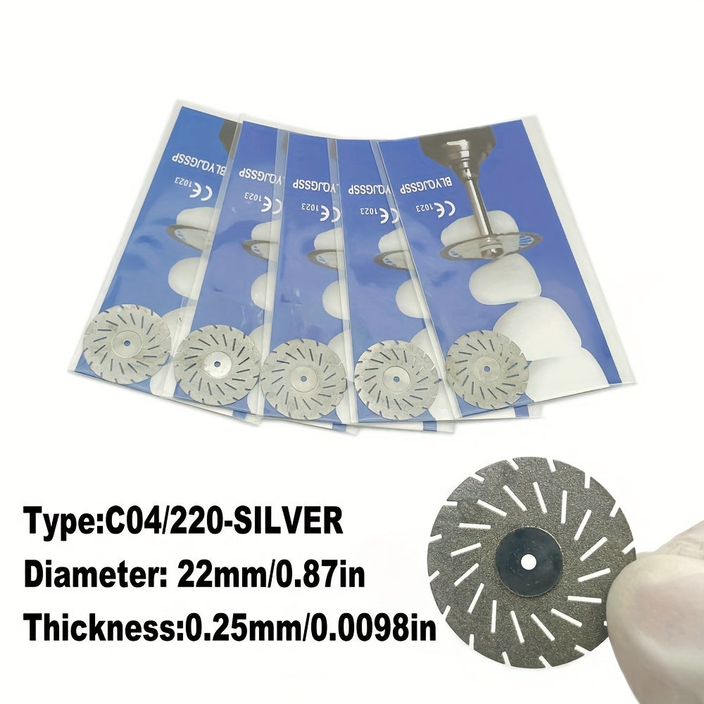 Five dual-sided diamond cutting discs for dental labs, in silver or golden, for high precision grinding and polishing.