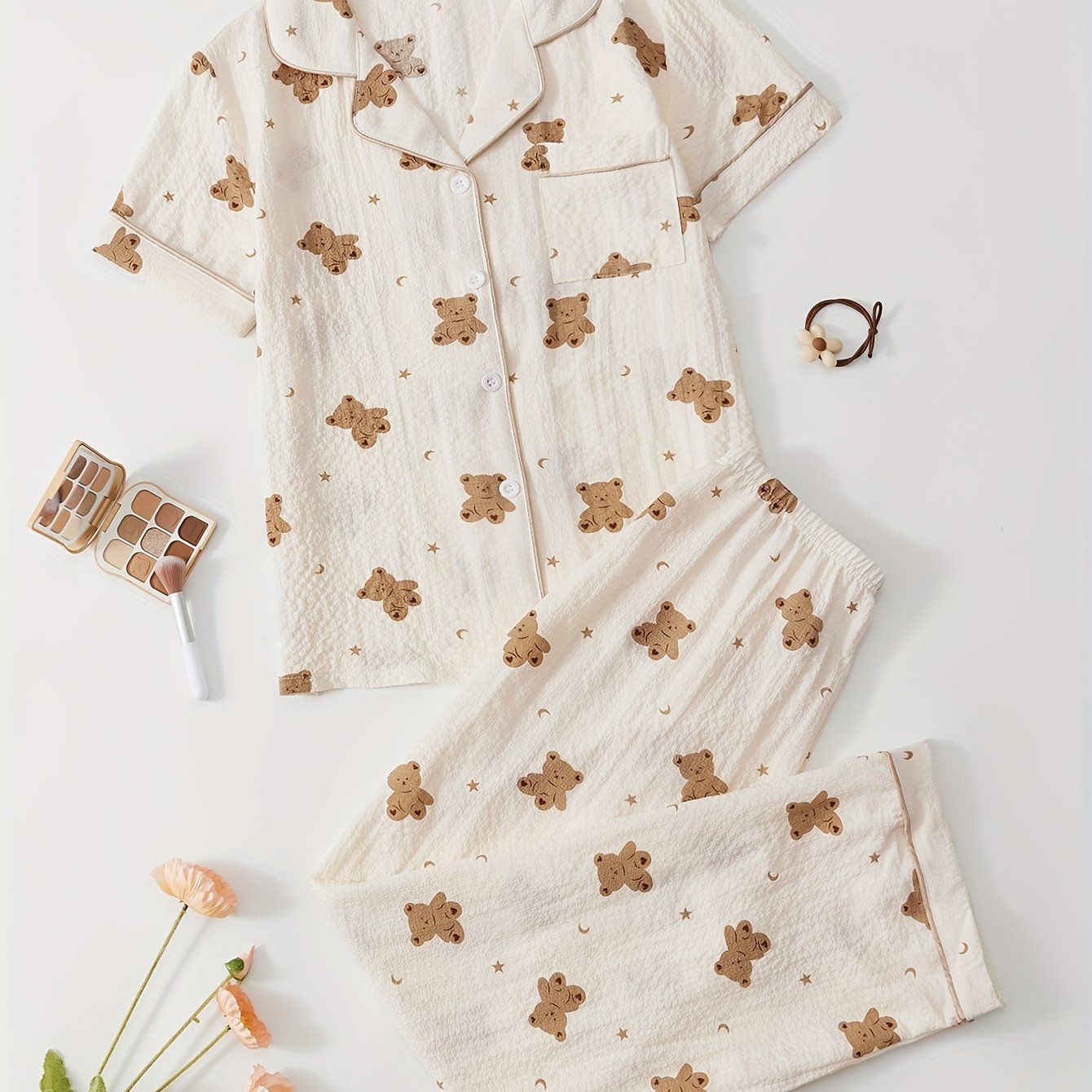 Bear print lounge set with cute short sleeve top and elastic pants, women's loungewear.