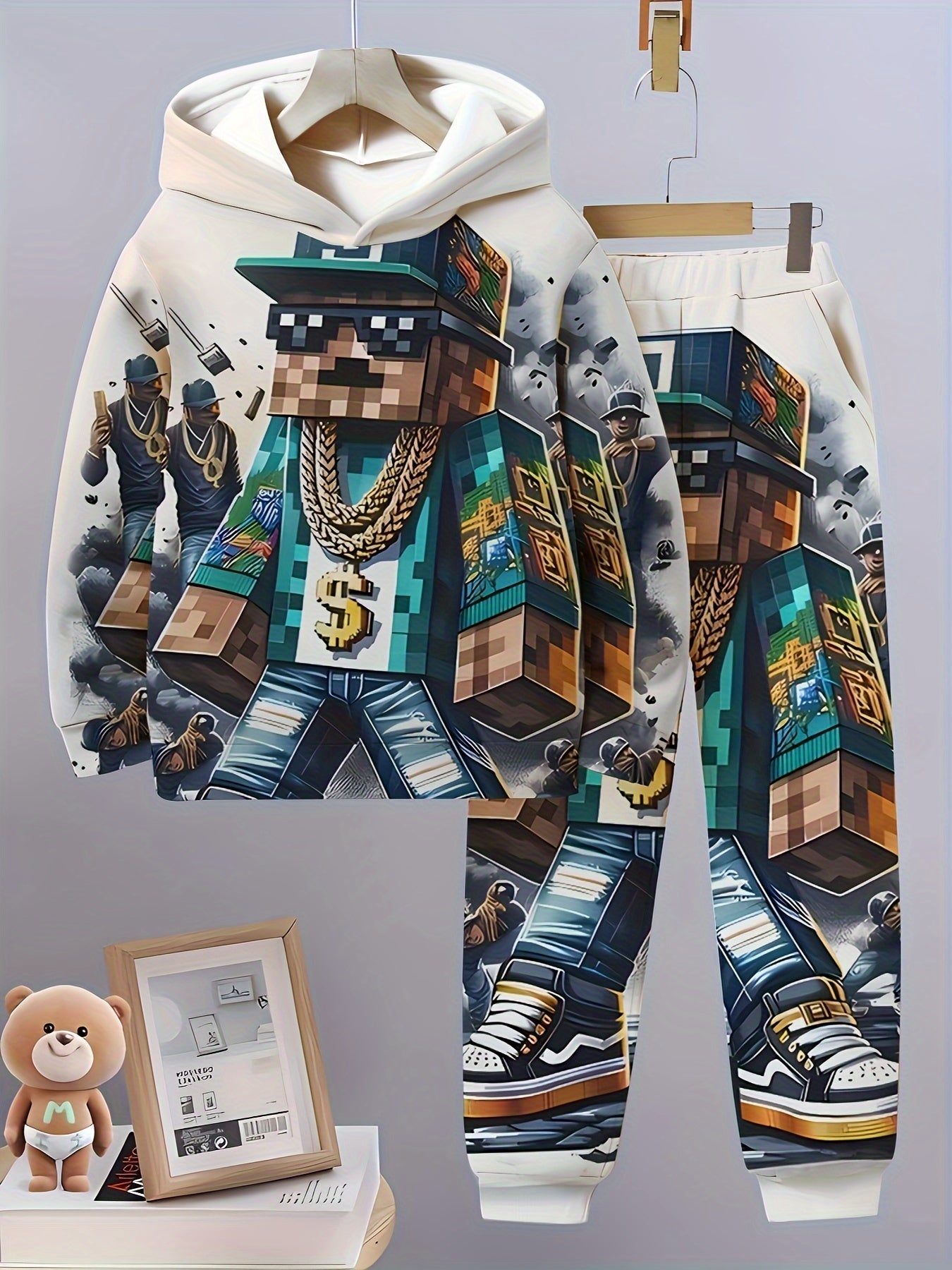 Boys' 2-piece 3D print character hoodie and pants set for spring and autumn, perfect for outdoor activities. Great as gifts.