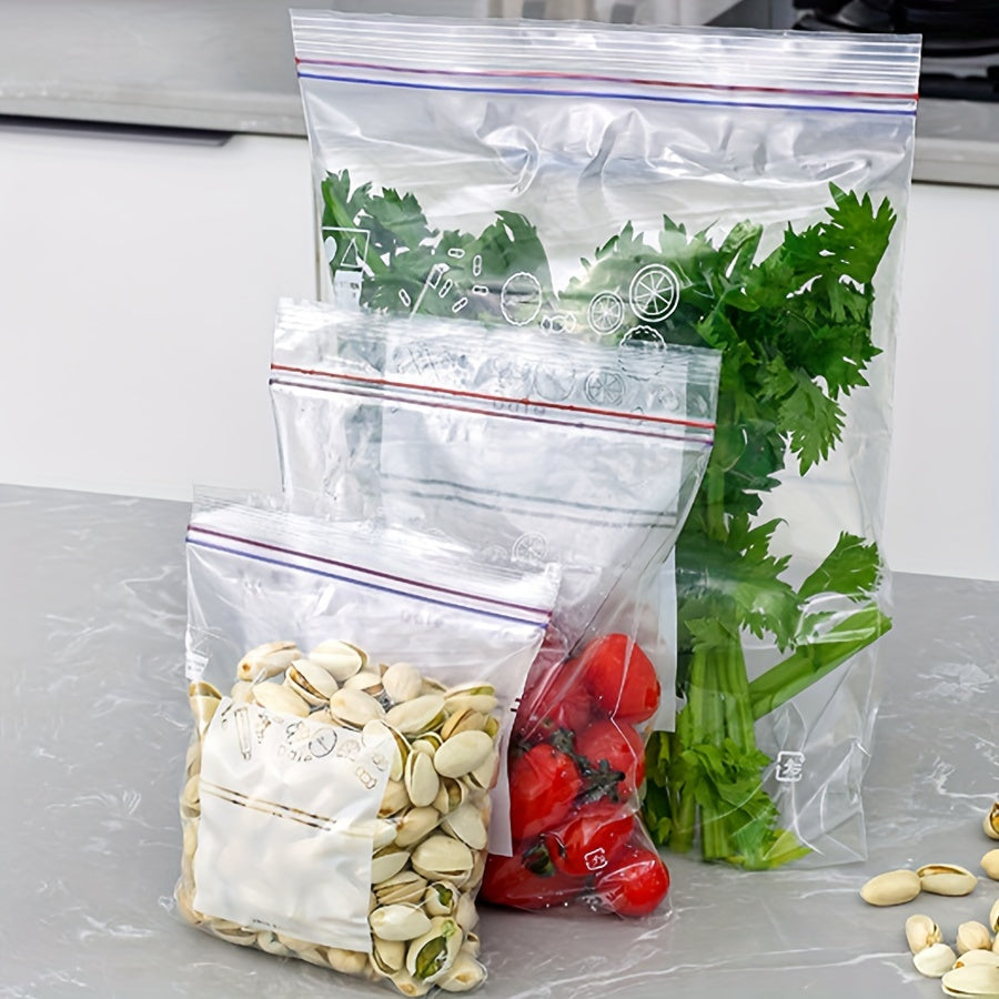 Set of 65 reusable vacuum sealer storage bags with ziplock closure. BPA-free and transparent, these multi-size bags are perfect for storing fruits, vegetables, snacks, and for sous vide cooking. No electricity needed, making them an essential for both