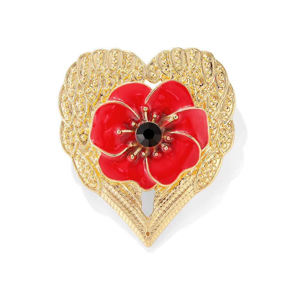 Add a touch of elegance and charm to your attire with this luxurious enamel brooch featuring a heart-shaped poppies design with unique accents. Perfect for enhancing the style of clothing and hats.