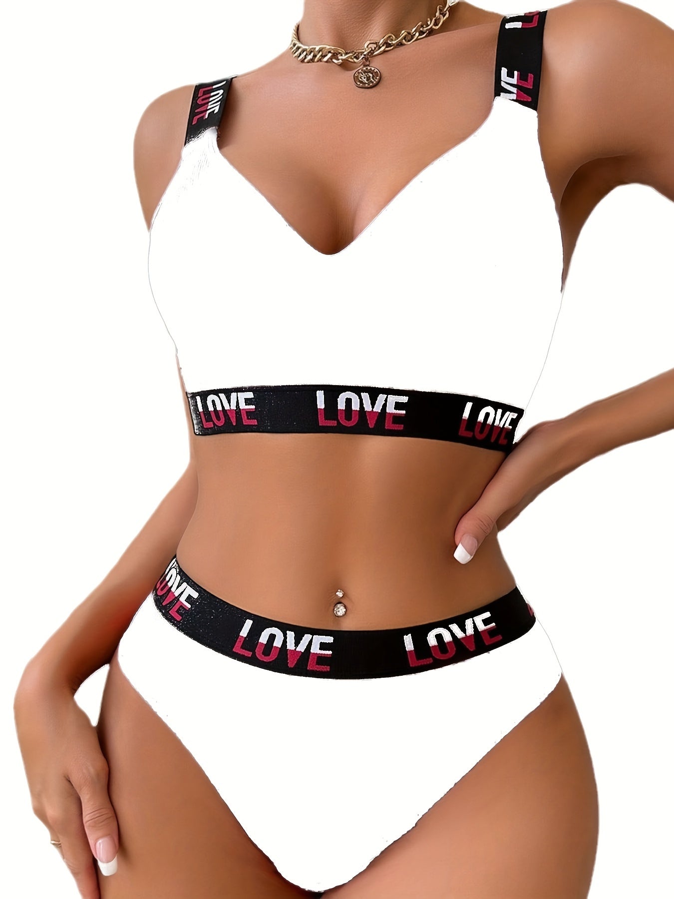 Ribbed bra and thong set with contrasting color letter print.