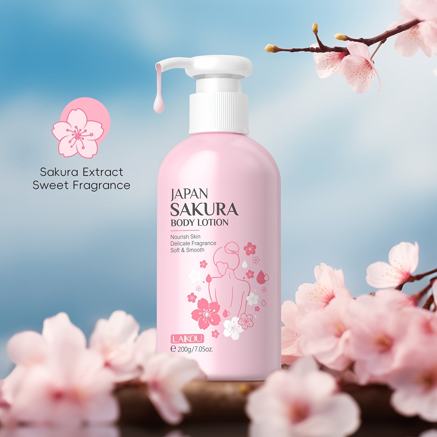 LAIKOU Sakura Hand Cream 200g, Deep Hydration with Vitamin C and Niacinamide, Gentle Formula for Dry & Sensitive Skin