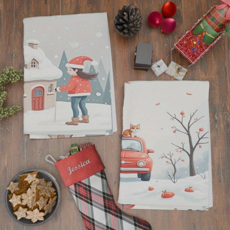 Set of 2 kitchen towels measuring 45.72*66.04 cm, including one tea towel with a festive Christmas winter theme. Ideal for enhancing kitchen decor and as a thoughtful holiday gift, adorned with charming snowflakes.