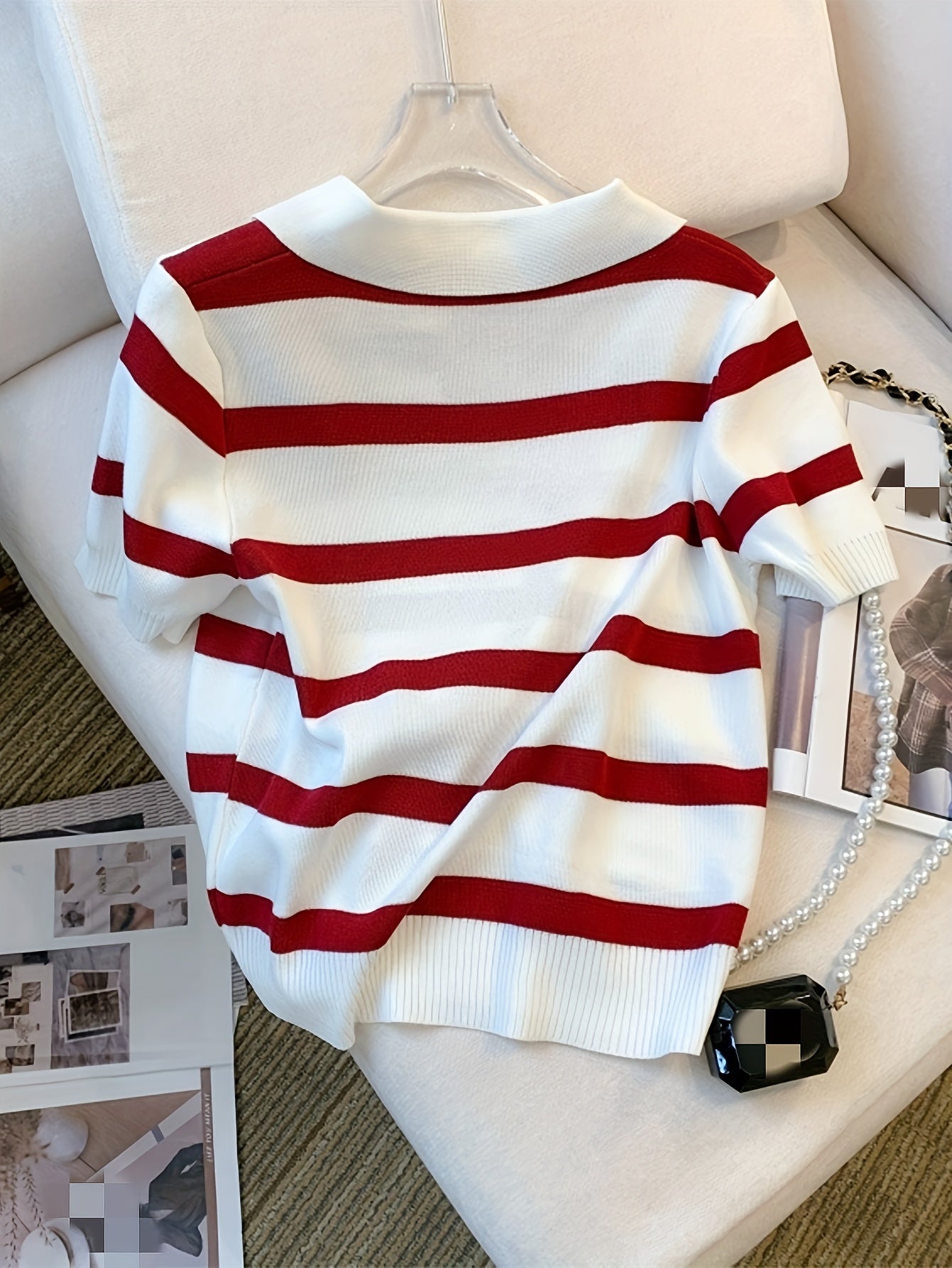 New European and American knit top with color-blocking stripes and turnover collar for spring/summer fashion