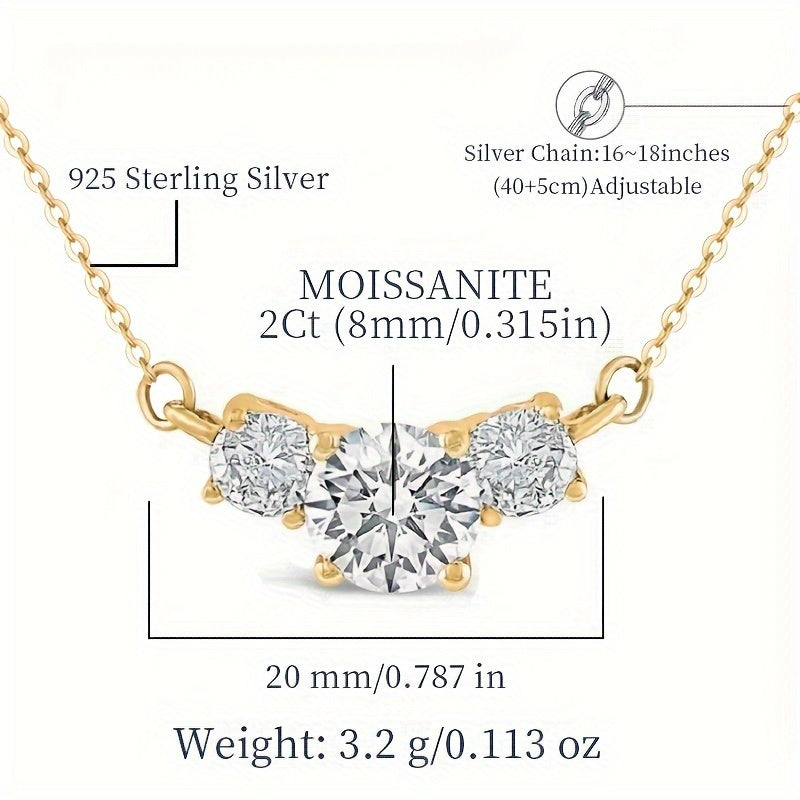 Luxurious Hypoallergenic Three Stone Necklace in 925 Sterling Silver with 2-4ct Moissanite. Perfect Gift for Valentine's Day or Birthday, Comes with Moissanite Certificate and Elegant Gift Box, Ideal for Women.