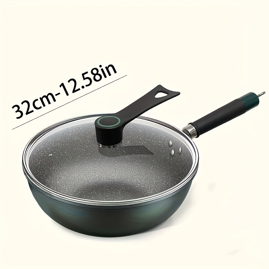 The Emerald Green Non-Stick Cast Iron Skillet comes with an optional Tempered Glass Lid. It is versatile for frying, stirring, and stewing and is compatible with all stovetops. This skillet is easy to clean and can be used on stone pots, outdoor BBQs