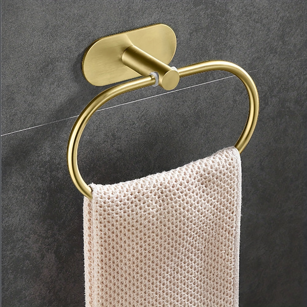 Self-adhesive stainless steel bathroom accessories for towel and dishcloth storage.