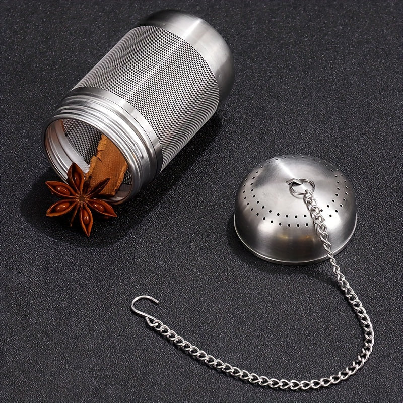 One piece of a large tea infuser made of 304 stainless steel with a mesh tea ball design. This food-grade tea strainer includes an interval diffuser and an extended chain hook for loose leaf tea and coffee. Perfect for coffee accessories.