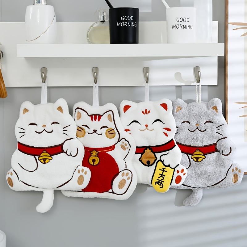 Cute Fortune Cat fingertip towel made of plush coral velvet, ideal for daily use in kitchen or bathroom, with hanging design.