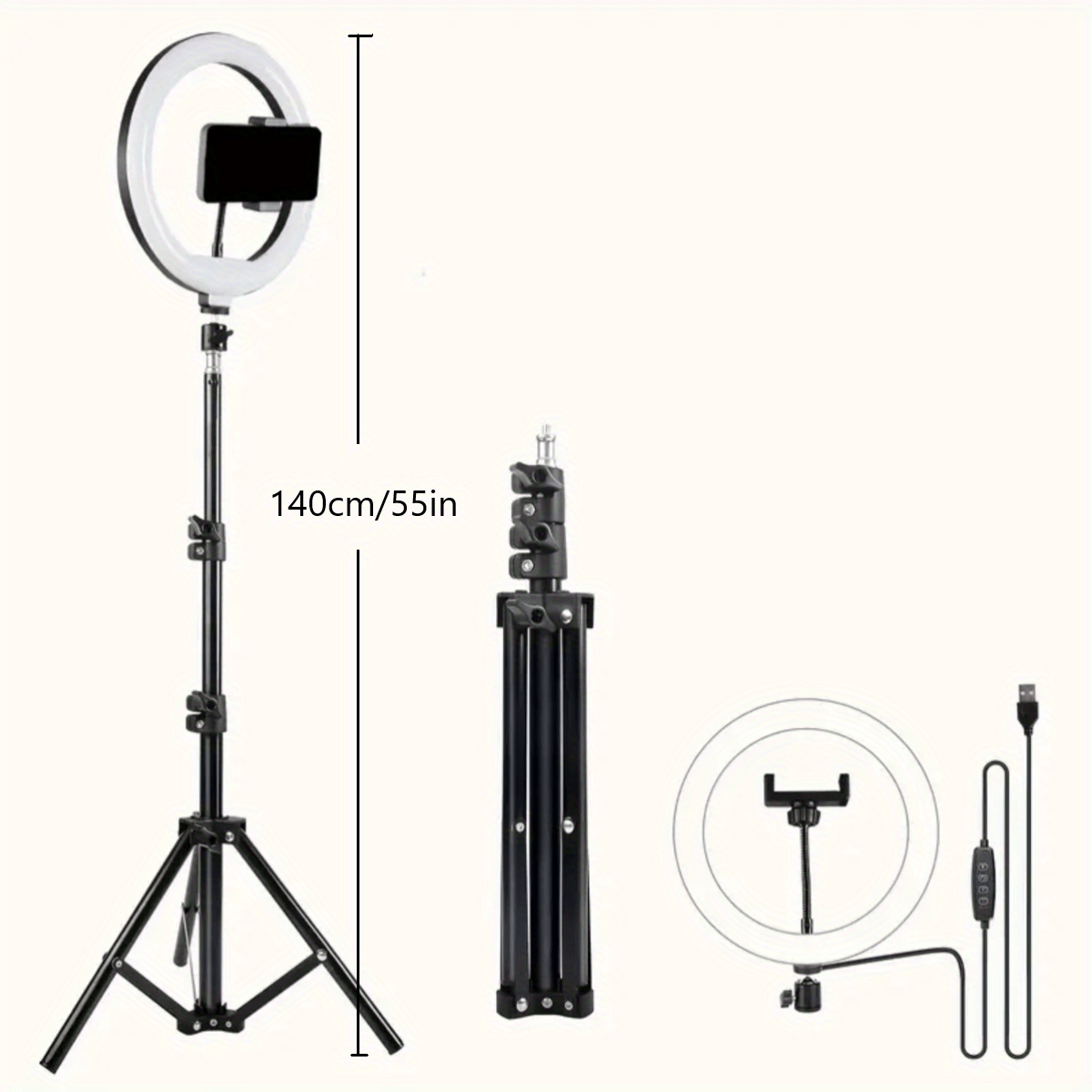 10-inch selfie ring light with 43-inch tripod, USB powered LED studio lighting for video recording and live streaming. Compatible with smartphones. Made of PP material, works with 36V or