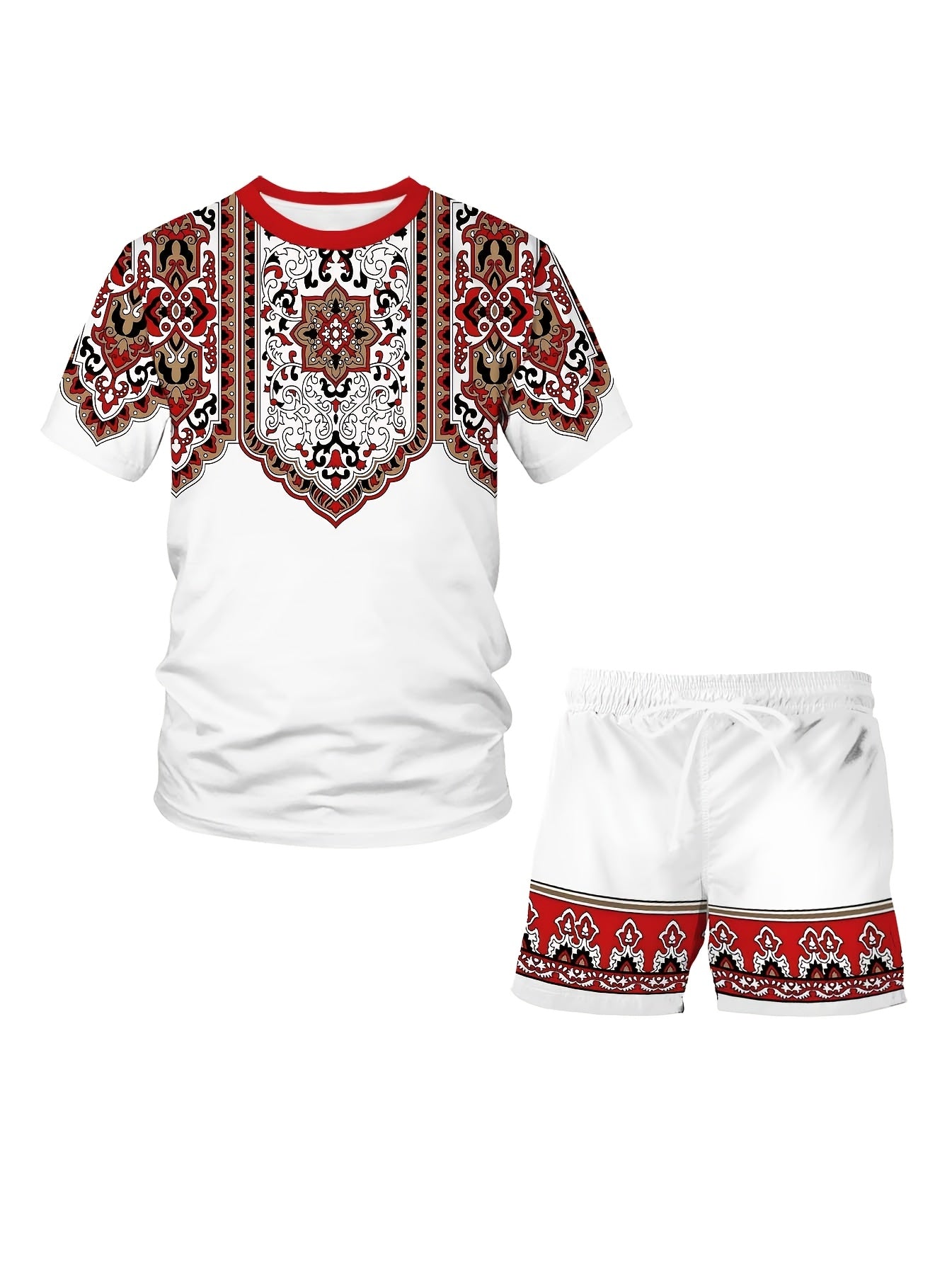 Men's Plus Size Ethnic Print T-Shirt & Shorts Set - Casual/Sporty, Machine Washable Polyester Blend Outfit with Round Neck and Knee-Length Shorts