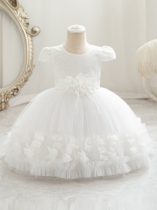 Baby's floral tulle princess dress with lace sleeves for formal occasions.