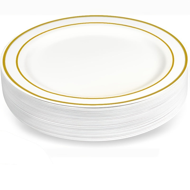 25-50 pieces of golden plastic party plates, measuring 19.05-26.04 cm each. These disposable plates are made of premium heavy-duty plastic, perfect for serving dinner and appetizers at parties and weddings.