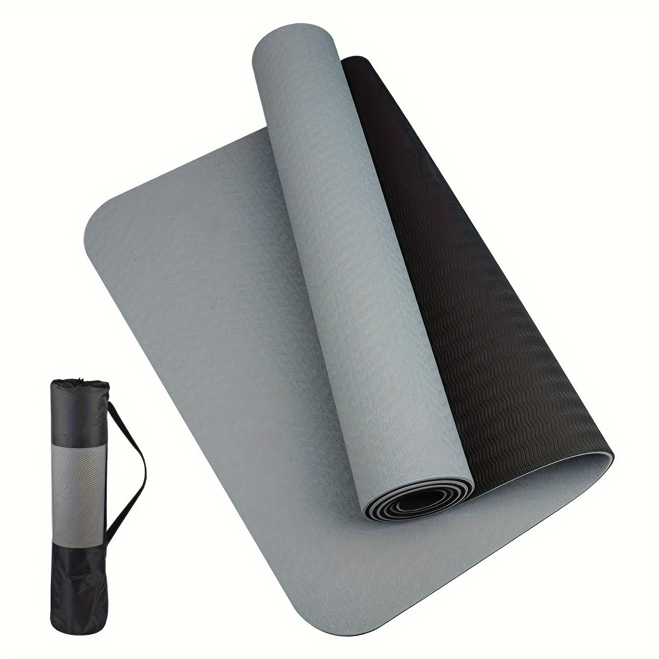 Non-slip yoga mat with textured surface and strap for yoga, pilates, and fitness workouts.