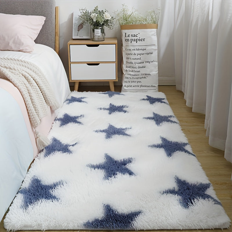 Upgrade your space with a Luxurious Plush Shag Area Mat featuring a stylish star pattern. This soft, fluffy, and non-slip rectangular mat is perfect for the bedroom, living room, or nursery. Easy to care for with machine washable materials, this cozy