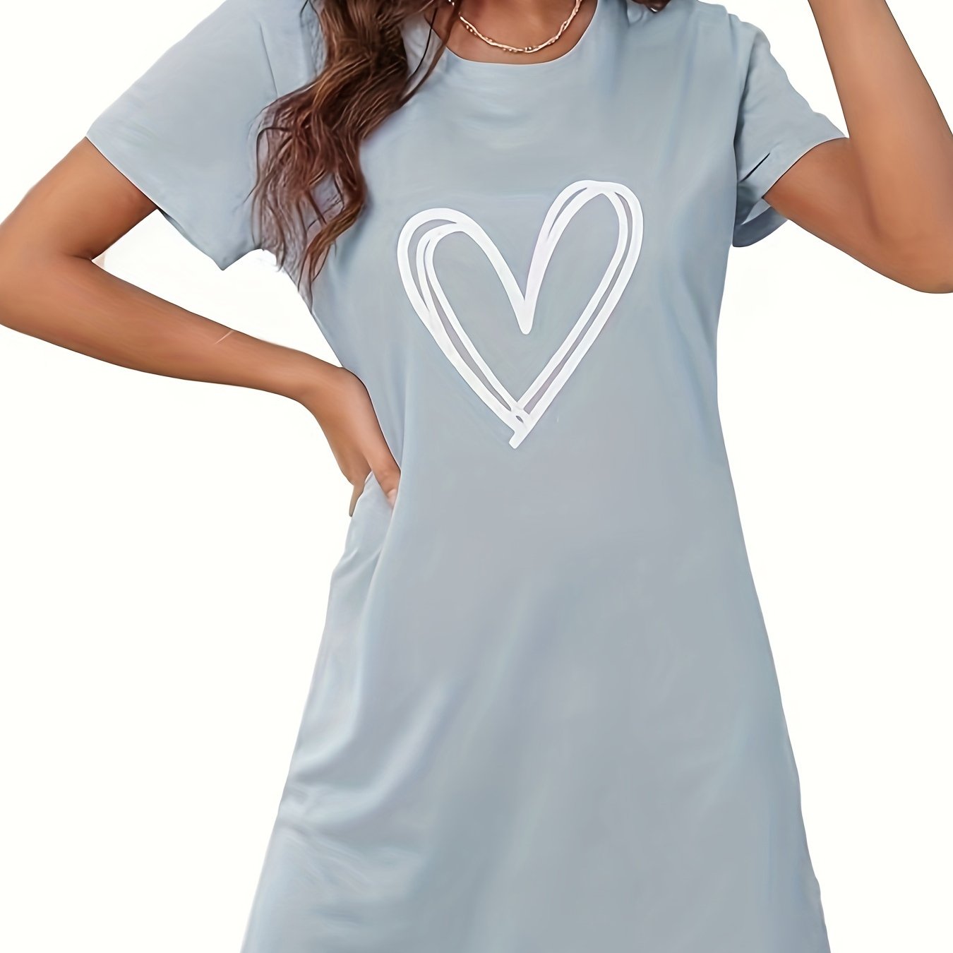 Heart Print Nightdress for Women, Short Sleeve Crew Neck Sleepwear