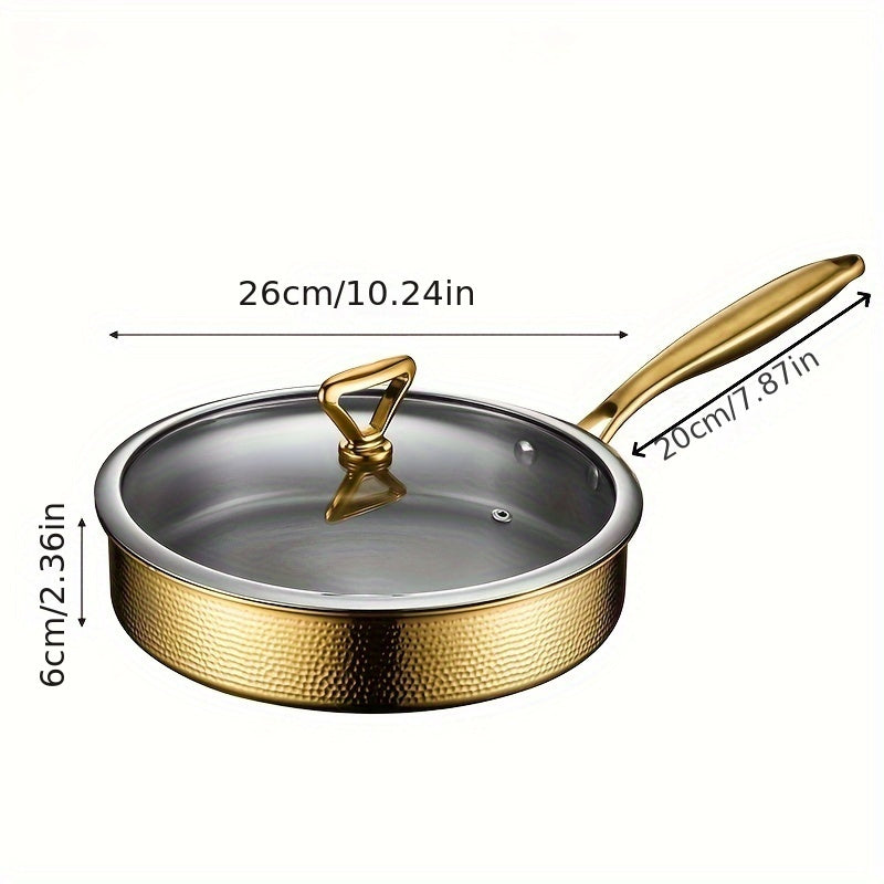 Premium 304 Stainless Steel Frying Pan with Lid, 26cm/10.24in - Safe for All Cooktops, Nonstick, Scratch-Resistant, Professional Quality Steak Pot - 1 Piece