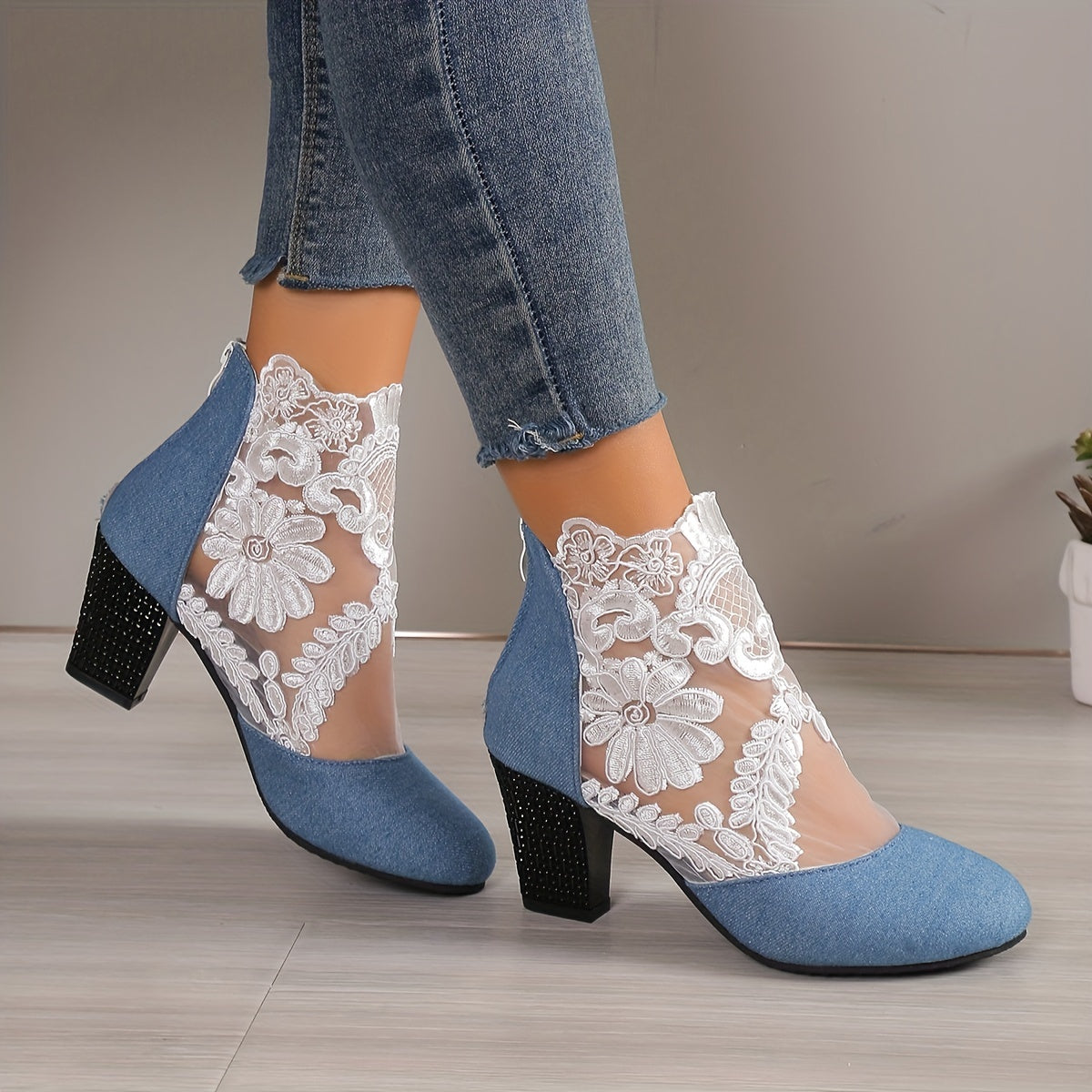 Mesh block heel boots with floral embroidered back zipper, versatile ankle boots for women.