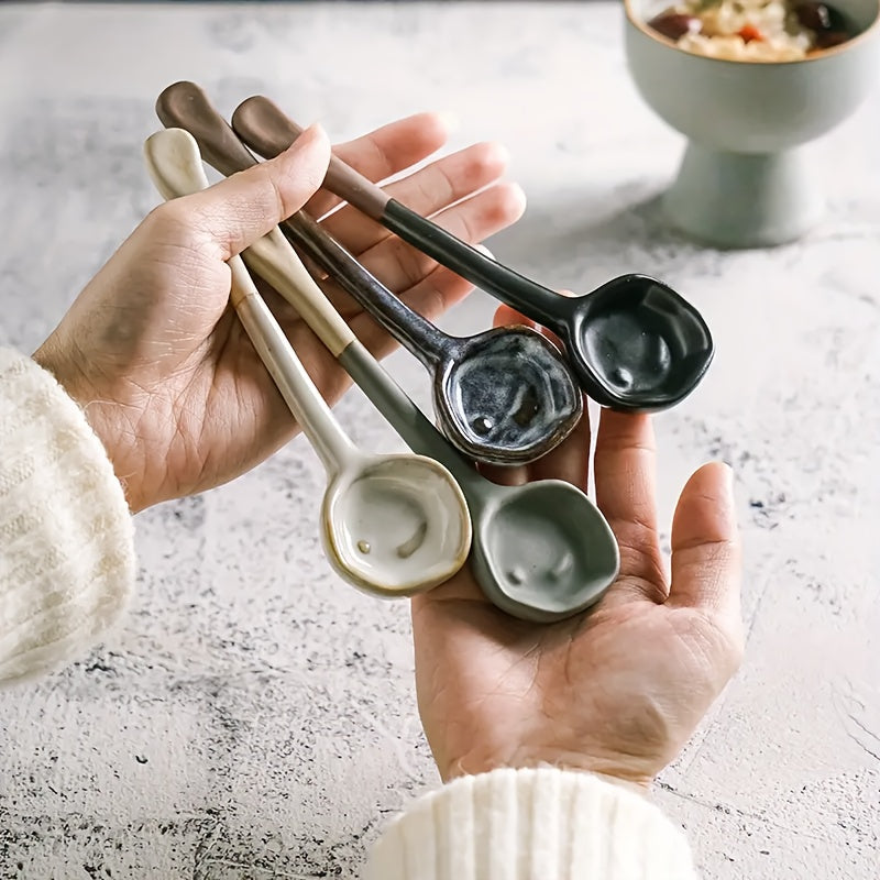 Get a set of stylish Retro European Style Ceramic Coffee Spoons - includes 4 pieces. These heat-resistant spoons are perfect for stirring coffee, salads, breakfast, or soups at family gatherings. Ideal for use in kitchens, dormitories, or restaurants. A